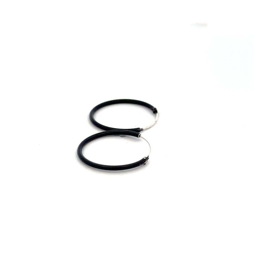 925 Sterling Silver Hoops Black Enamel Earrings - Picture 5 of 5